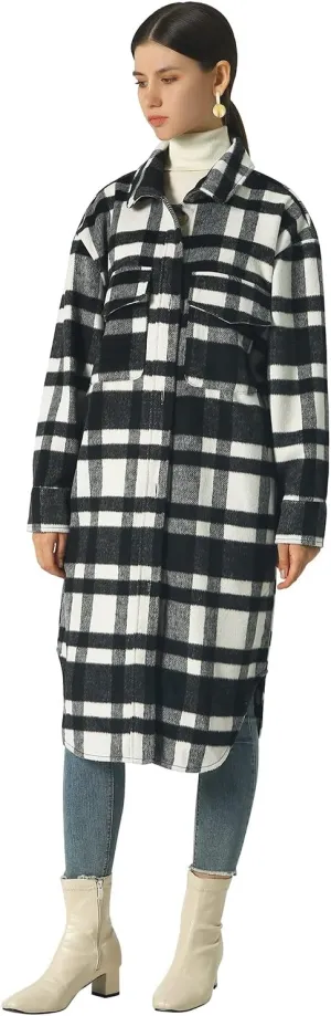 CHARTOU Women's Lightweight Spread Collar Wool Blend Plaid Midi Long Shacket Trench Coat