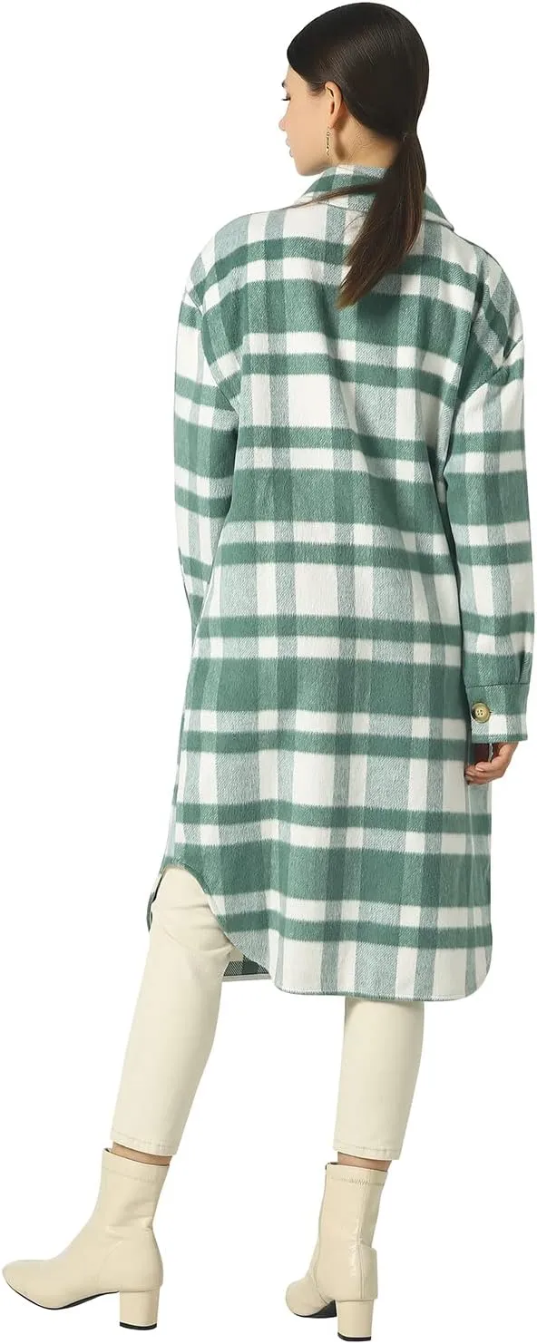 CHARTOU Women's Lightweight Spread Collar Wool Blend Plaid Midi Long Shacket Trench Coat