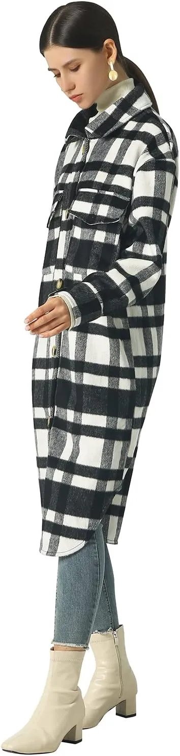 CHARTOU Women's Lightweight Spread Collar Wool Blend Plaid Midi Long Shacket Trench Coat