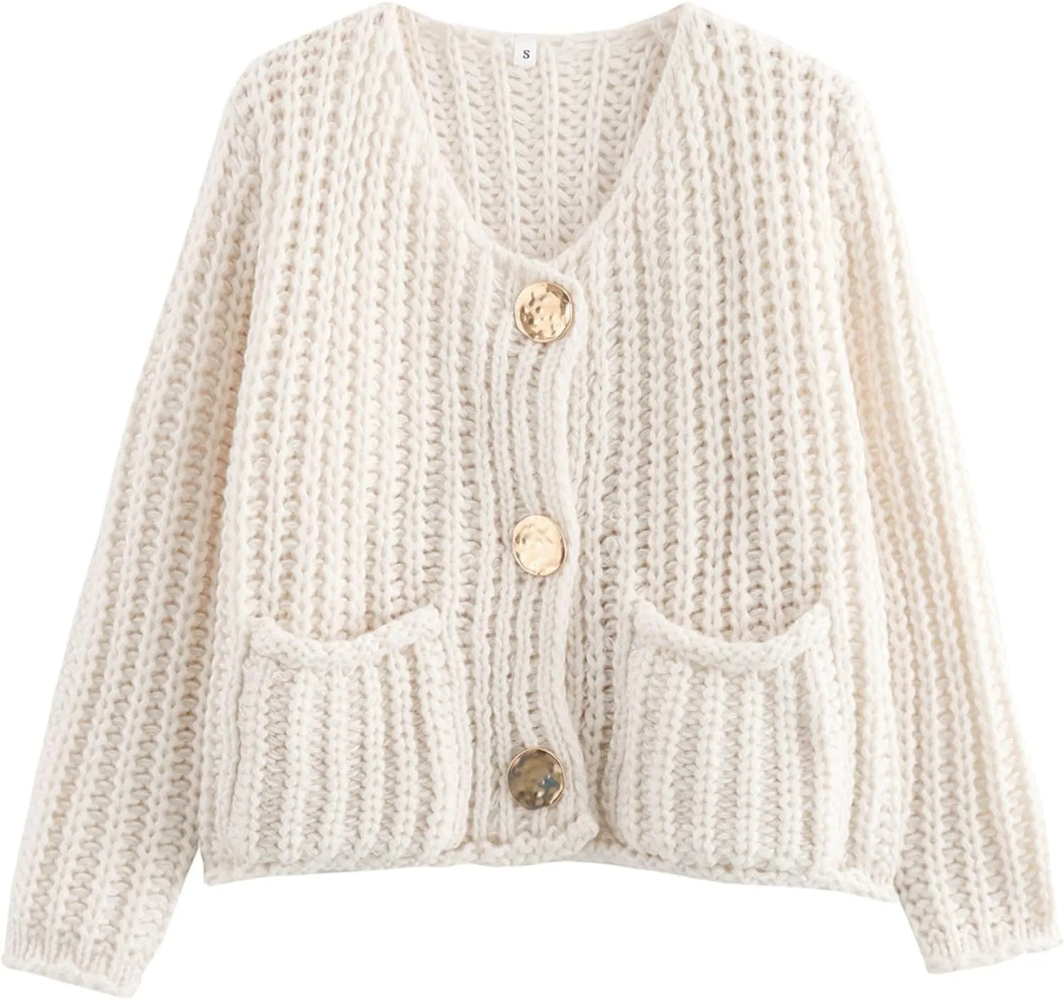 Chevara Womens Cropped Knit Cardigan Long Sleeve Crewneck Button Down Fall Sweater with Pockets