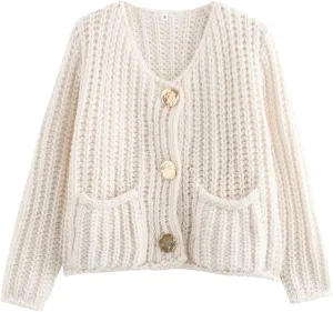 Chevara Womens Cropped Knit Cardigan Long Sleeve Crewneck Button Down Fall Sweater with Pockets