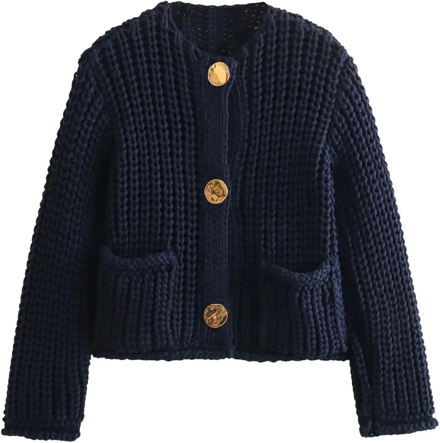 Chevara Womens Cropped Knit Cardigan Long Sleeve Crewneck Button Down Fall Sweater with Pockets