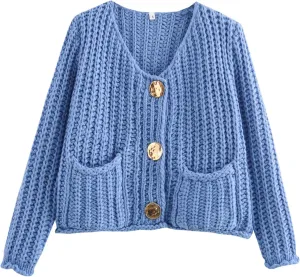Chevara Womens Cropped Knit Cardigan Long Sleeve Crewneck Button Down Fall Sweater with Pockets
