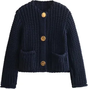 Chevara Womens Cropped Knit Cardigan Long Sleeve Crewneck Button Down Fall Sweater with Pockets
