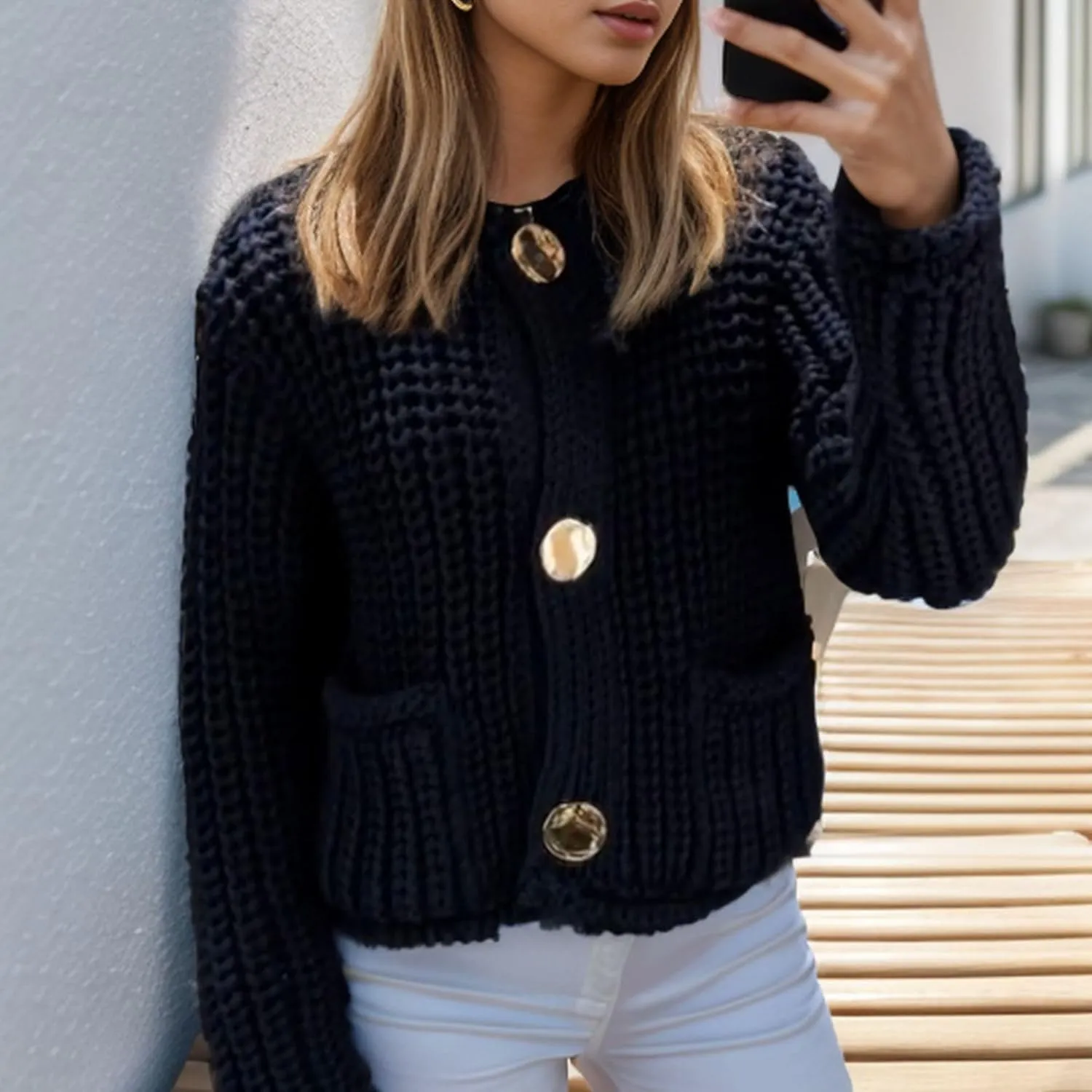Chevara Womens Cropped Knit Cardigan Long Sleeve Crewneck Button Down Fall Sweater with Pockets