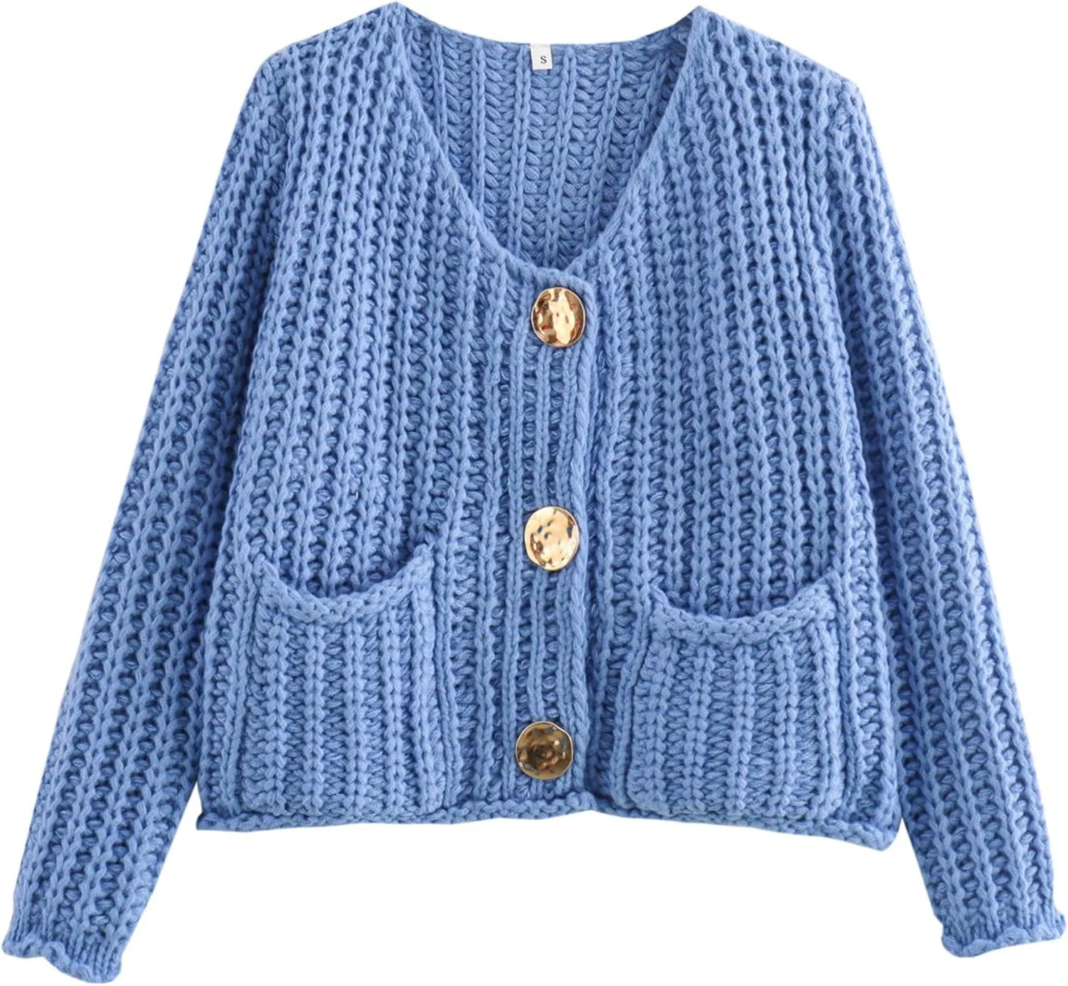 Chevara Womens Cropped Knit Cardigan Long Sleeve Crewneck Button Down Fall Sweater with Pockets