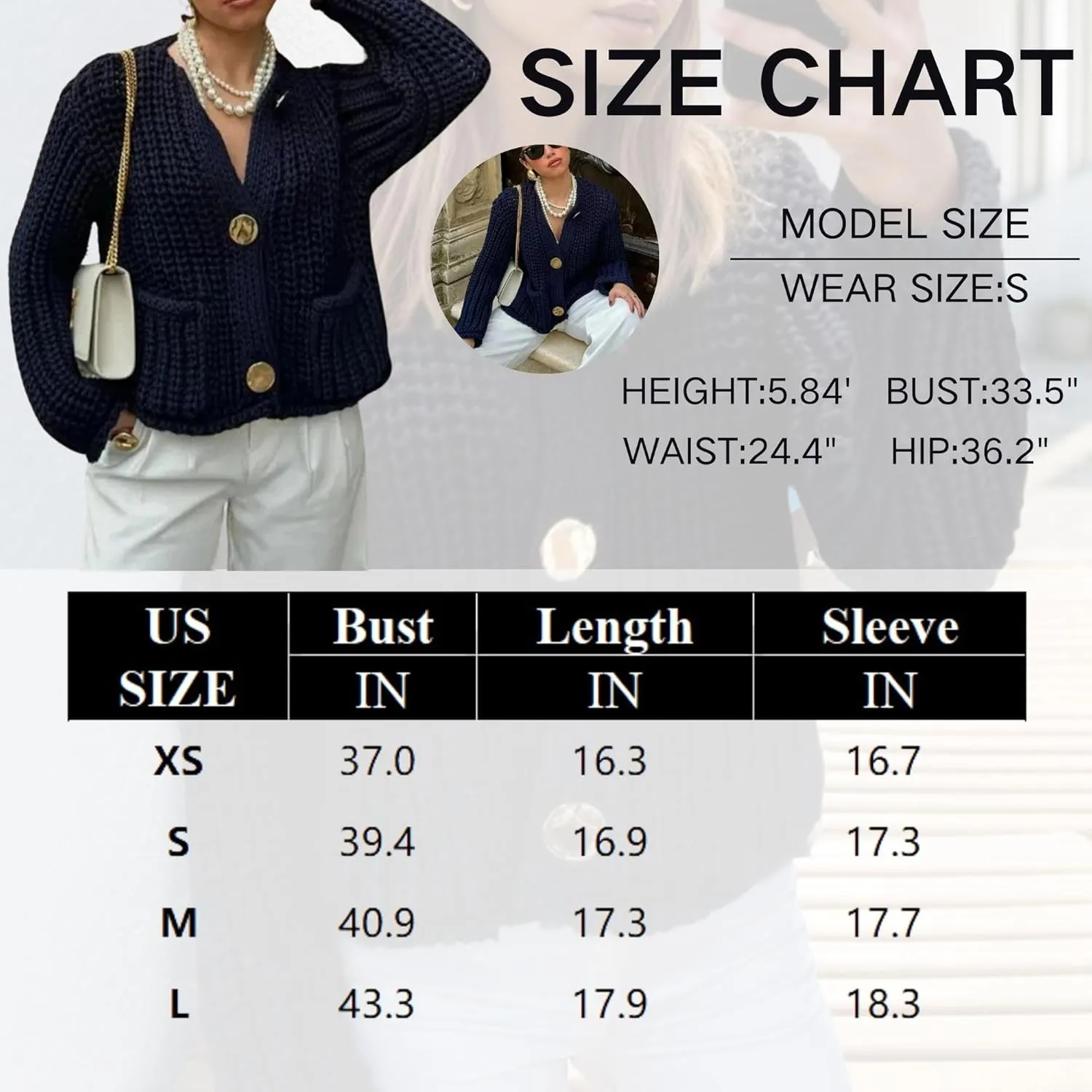 Chevara Womens Cropped Knit Cardigan Long Sleeve Crewneck Button Down Fall Sweater with Pockets