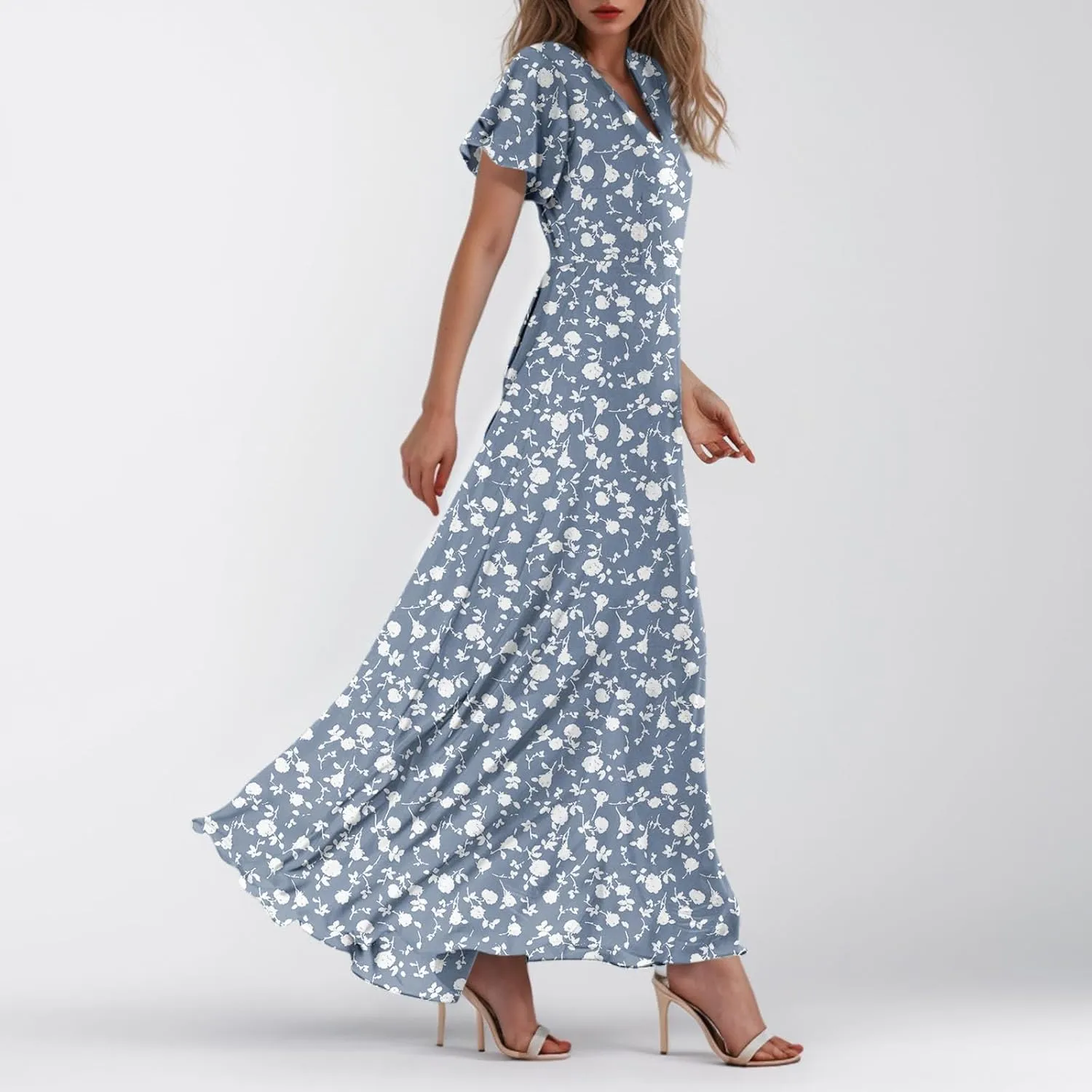 Chiffon Dress for Women Summer Bohemian Floral Printed Maxi Dresses Garden Party Swing Flowy Short Sleeve Dress