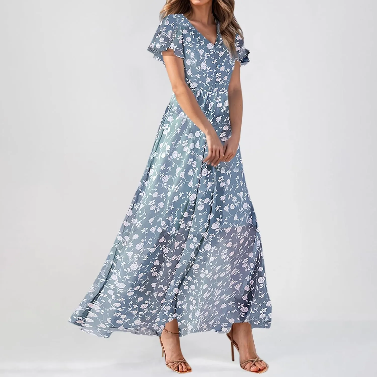 Chiffon Dress for Women Summer Bohemian Floral Printed Maxi Dresses Garden Party Swing Flowy Short Sleeve Dress