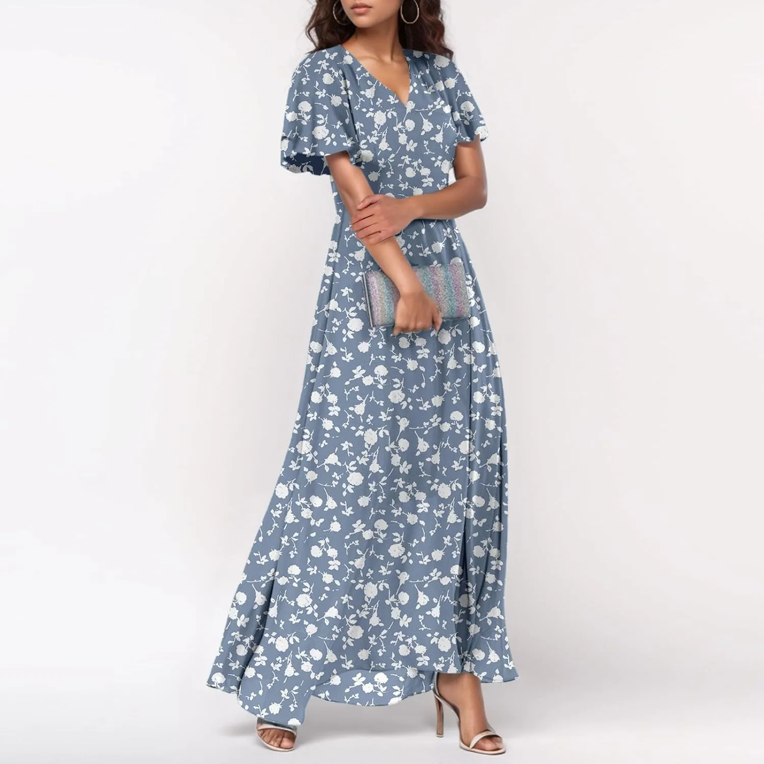 Chiffon Dress for Women Summer Bohemian Floral Printed Maxi Dresses Garden Party Swing Flowy Short Sleeve Dress