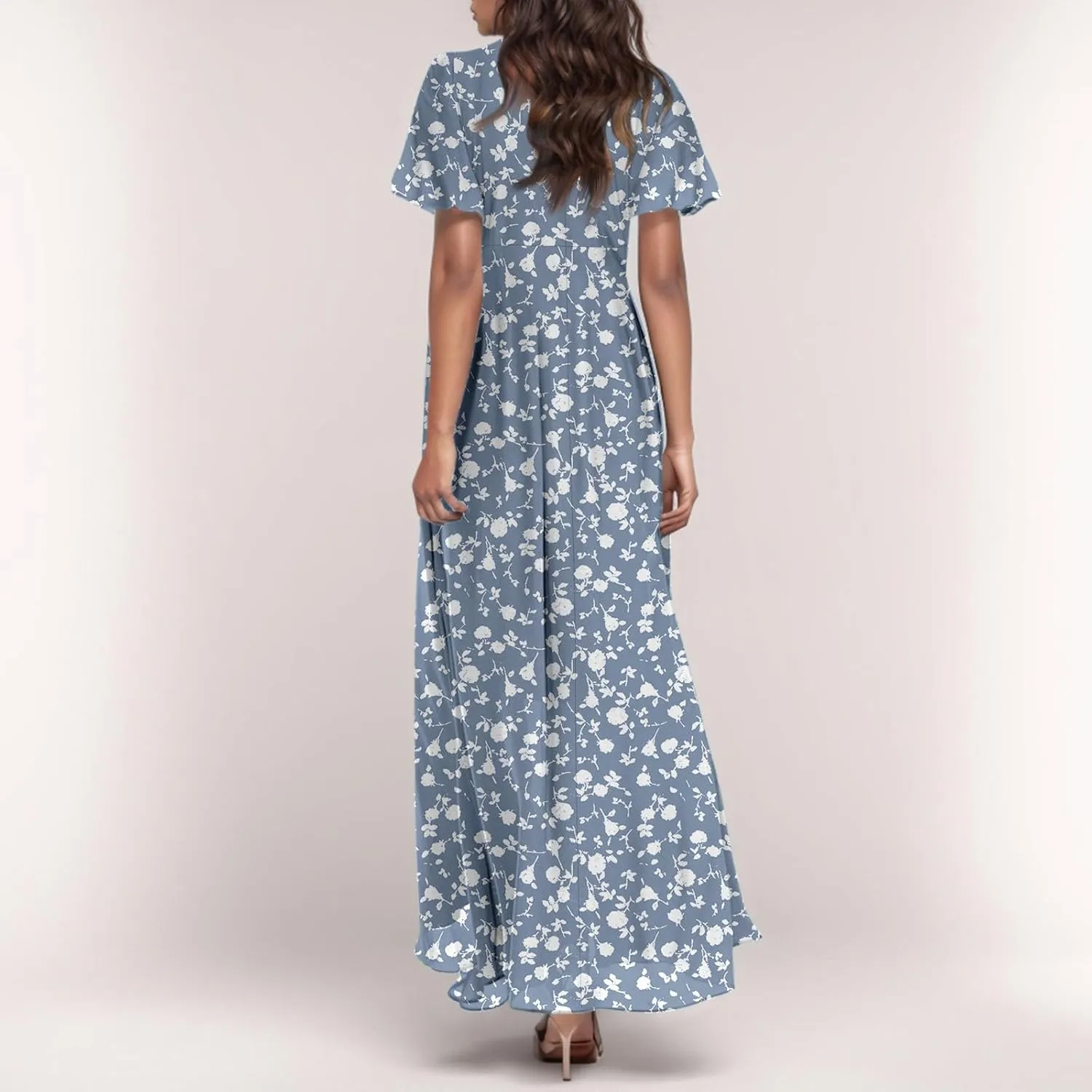 Chiffon Dress for Women Summer Bohemian Floral Printed Maxi Dresses Garden Party Swing Flowy Short Sleeve Dress