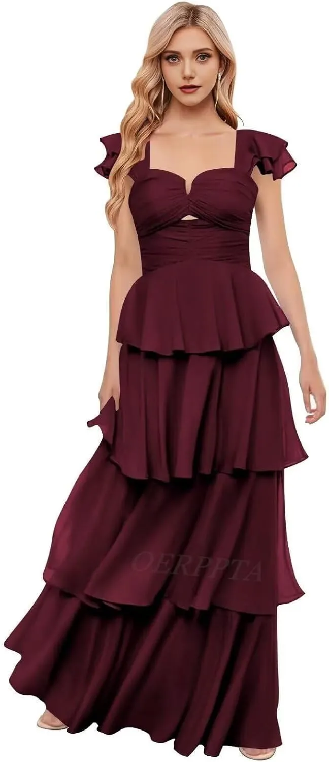 Chiffon Tiered Bridesmaid Dresses with Sleeves Off Shoulder Ruffles Prom Dresses for Women Long Formal Dress