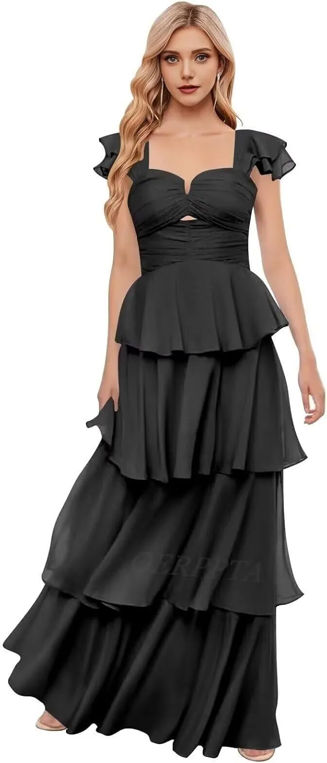 Chiffon Tiered Bridesmaid Dresses with Sleeves Off Shoulder Ruffles Prom Dresses for Women Long Formal Dress