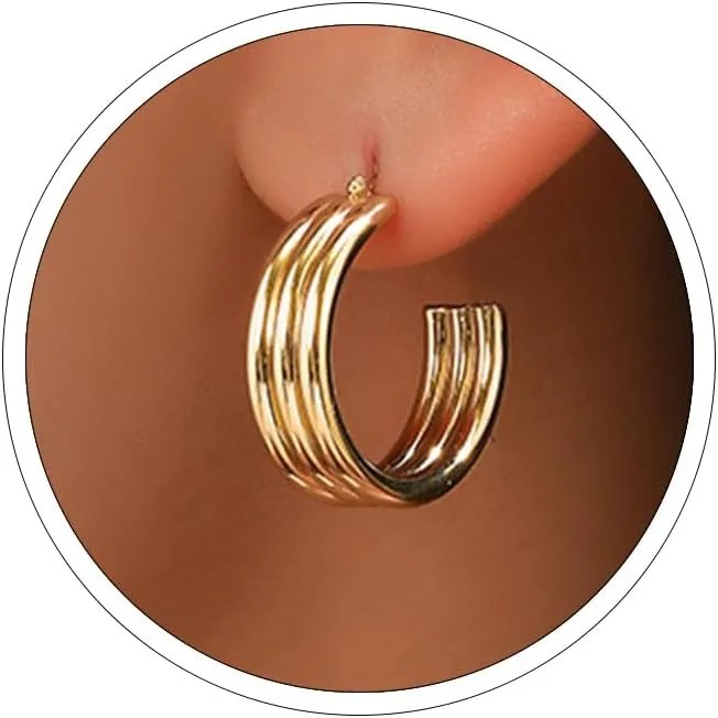 Chunky Gold Earrings for Women Gold Statement Earrings Double Hoop Earrings for Single Piercing Trendy Open Hoop Earrings for Women