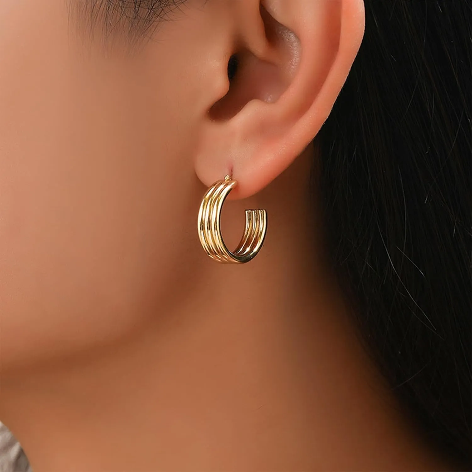 Chunky Gold Earrings for Women Gold Statement Earrings Double Hoop Earrings for Single Piercing Trendy Open Hoop Earrings for Women
