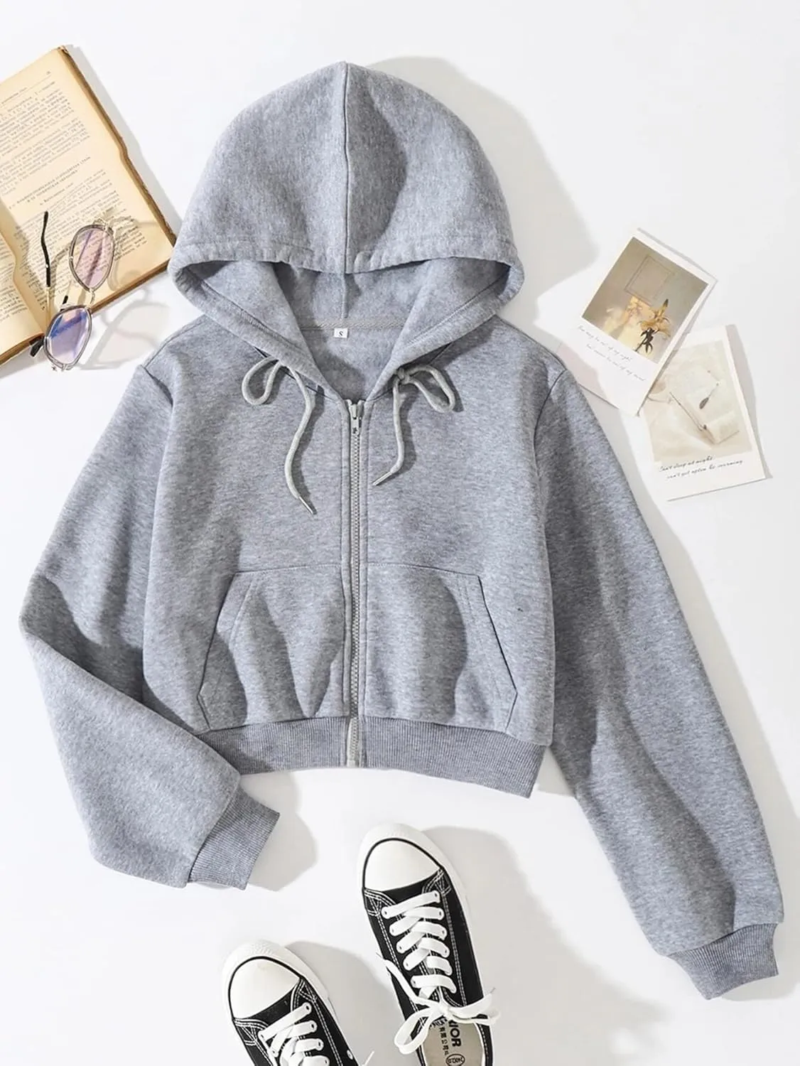 Cioatin Women Fleece Zip Up Crop Hoodies Sweatshirt Y2K Fall Trendy Long Sleeve Athletic Workout Pullover Jacket Sweater