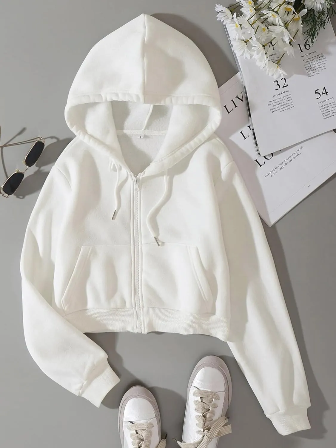 Cioatin Women Fleece Zip Up Crop Hoodies Sweatshirt Y2K Fall Trendy Long Sleeve Athletic Workout Pullover Jacket Sweater