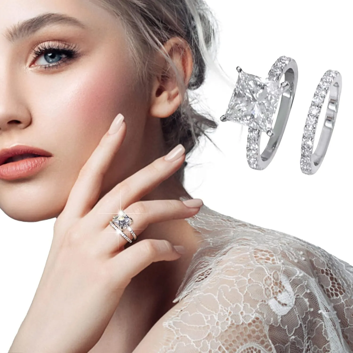 Classic Bridal Sets Band Ring for Women, White Cubic Zirconia Square CZ Stone Cocktail Engagement Wedding Rings