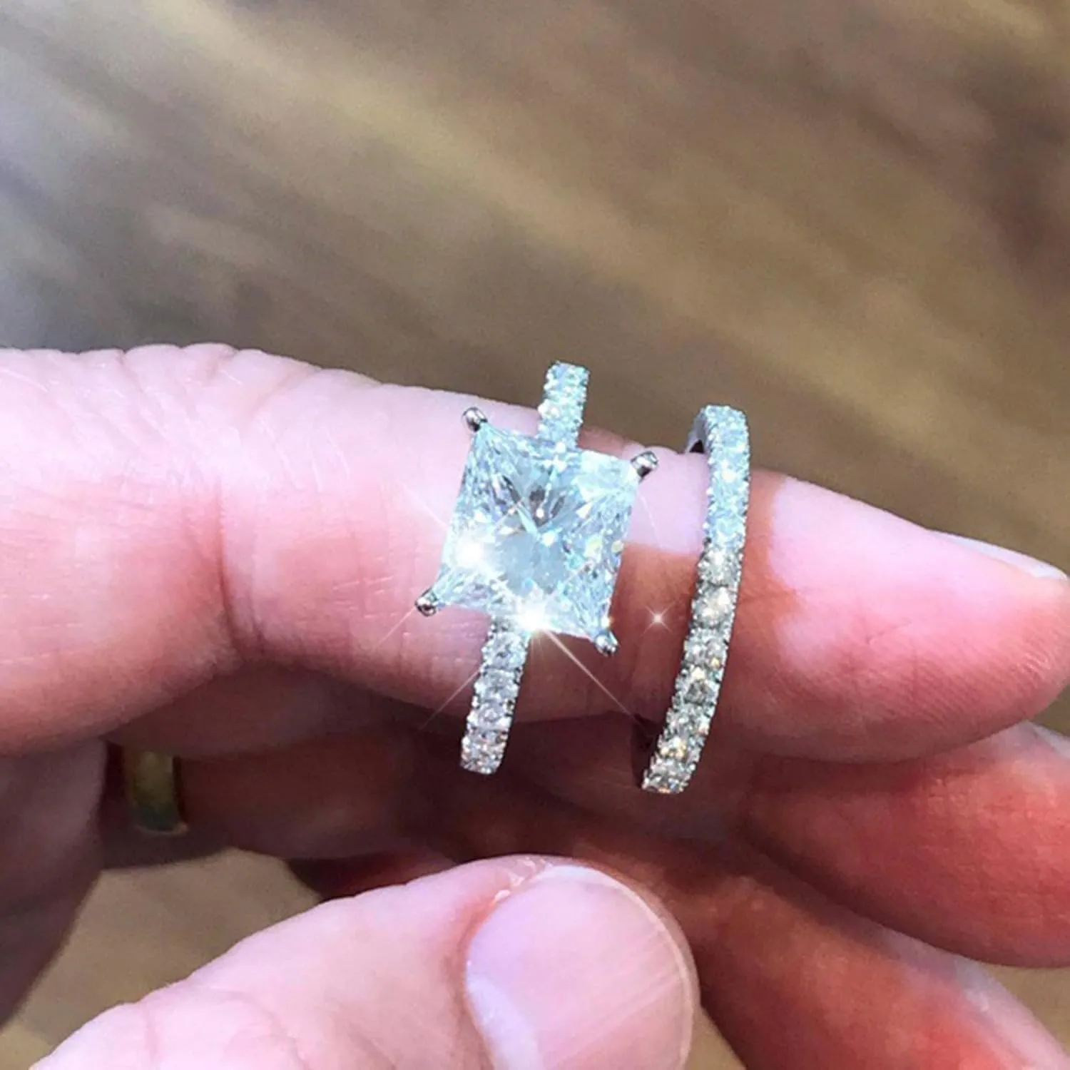 Classic Bridal Sets Band Ring for Women, White Cubic Zirconia Square CZ Stone Cocktail Engagement Wedding Rings