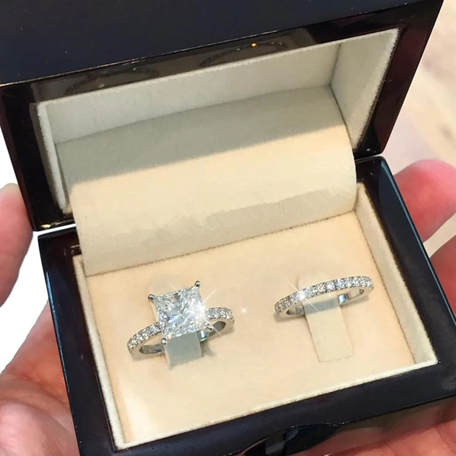 Classic Bridal Sets Band Ring for Women, White Cubic Zirconia Square CZ Stone Cocktail Engagement Wedding Rings