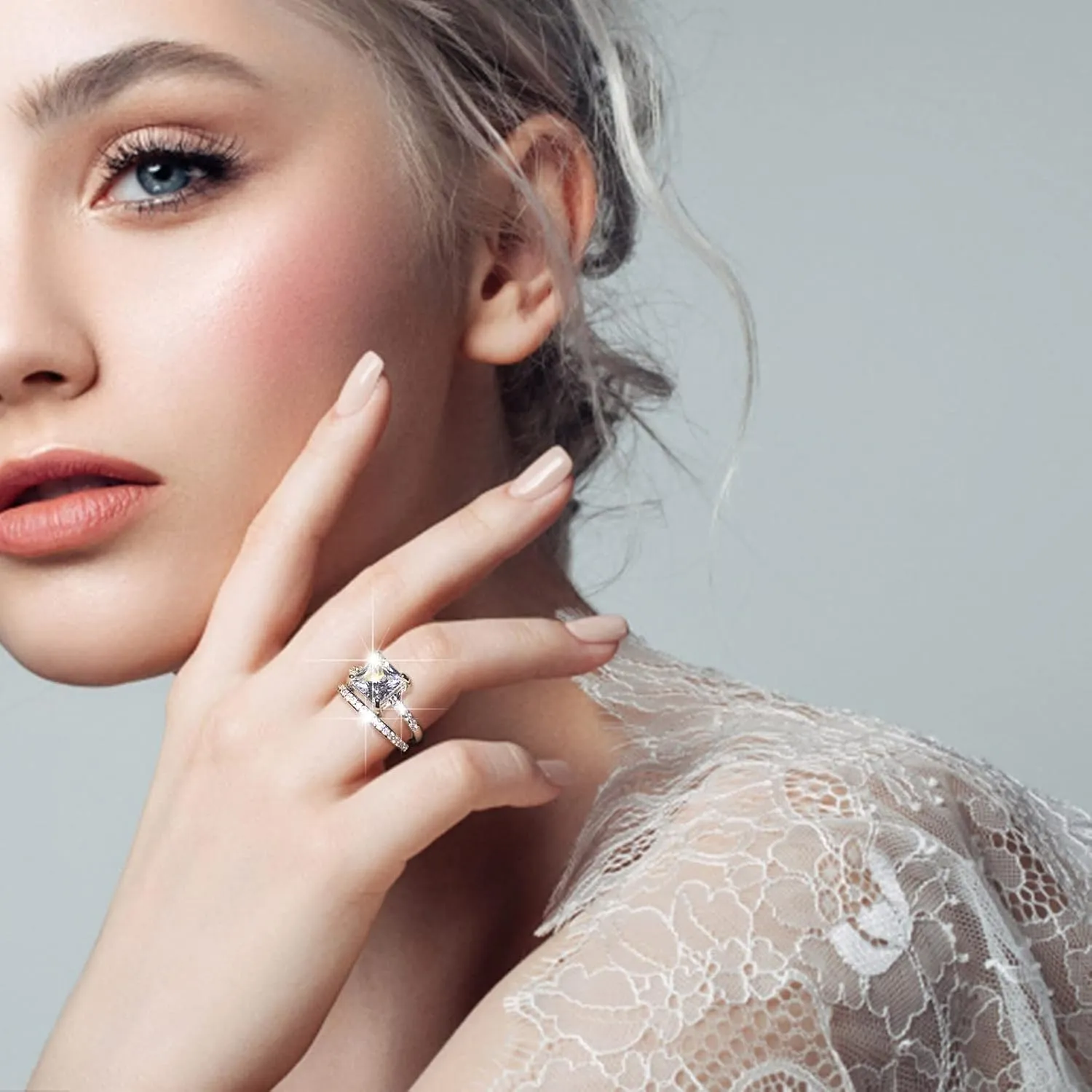 Classic Bridal Sets Band Ring for Women, White Cubic Zirconia Square CZ Stone Cocktail Engagement Wedding Rings