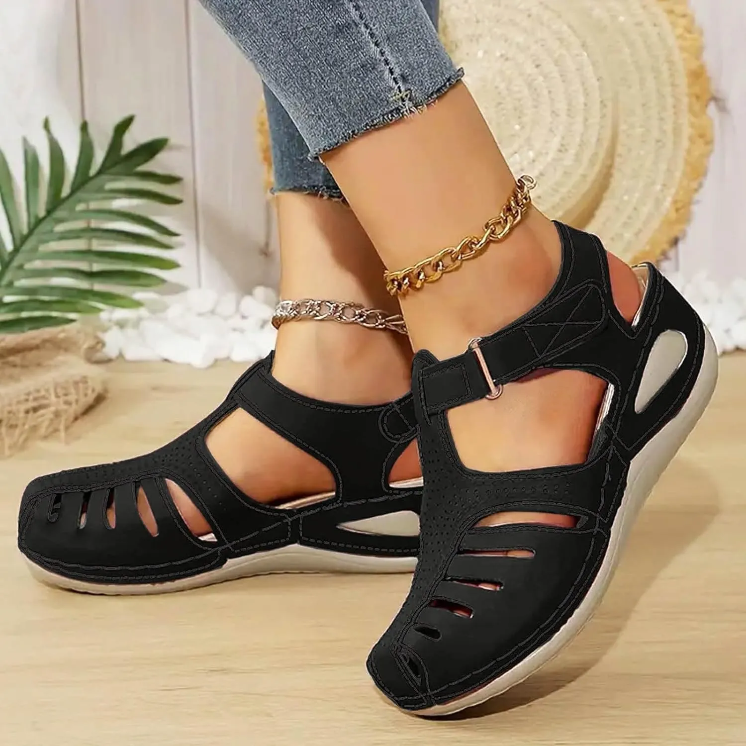 Closed Toe Wedge Sandals for Women Dressy Summer Comfortable Platform Wedges Ankle Strap Wide Width Walking Sandals Arch Support Casual Hollow Out Sandal Dress Shoes