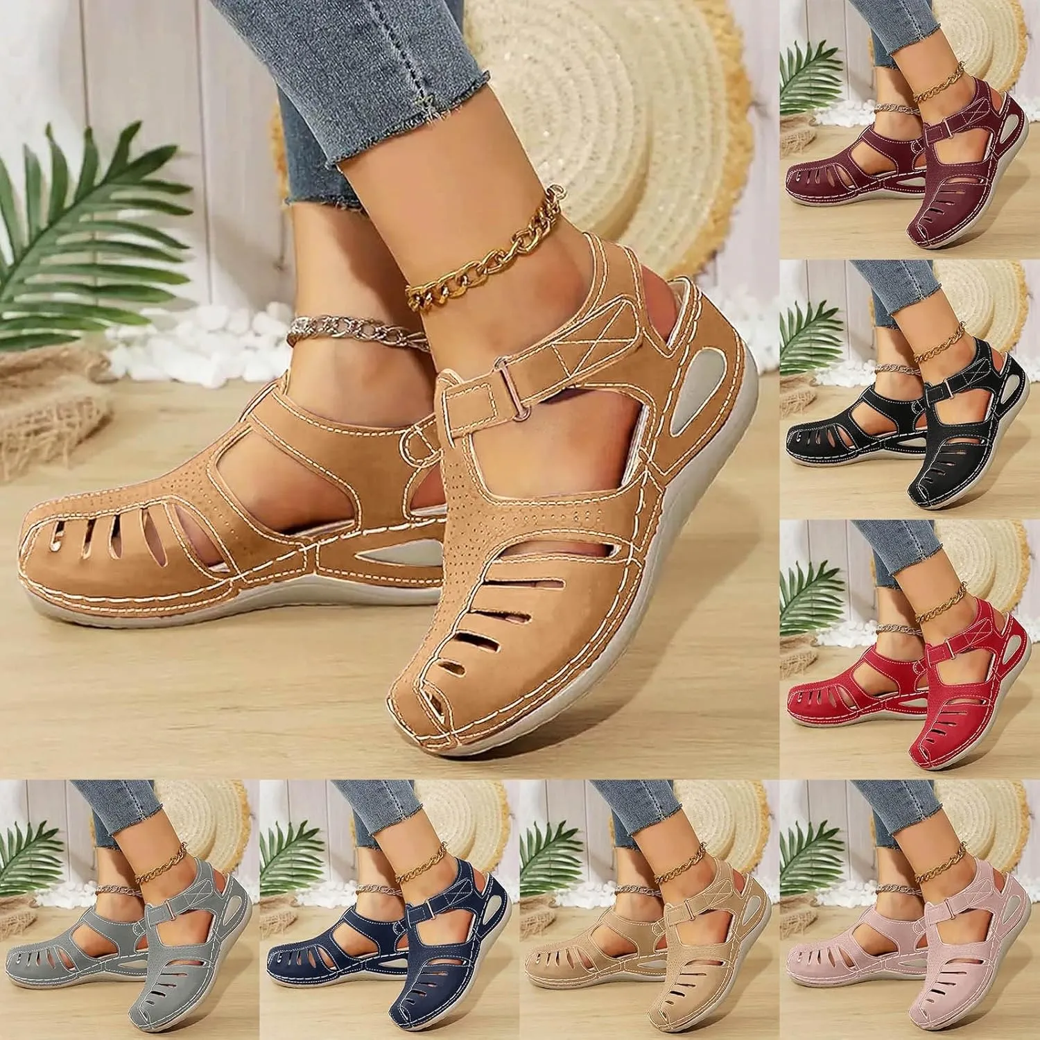 Closed Toe Wedge Sandals for Women Dressy Summer Comfortable Platform Wedges Ankle Strap Wide Width Walking Sandals Arch Support Casual Hollow Out Sandal Dress Shoes