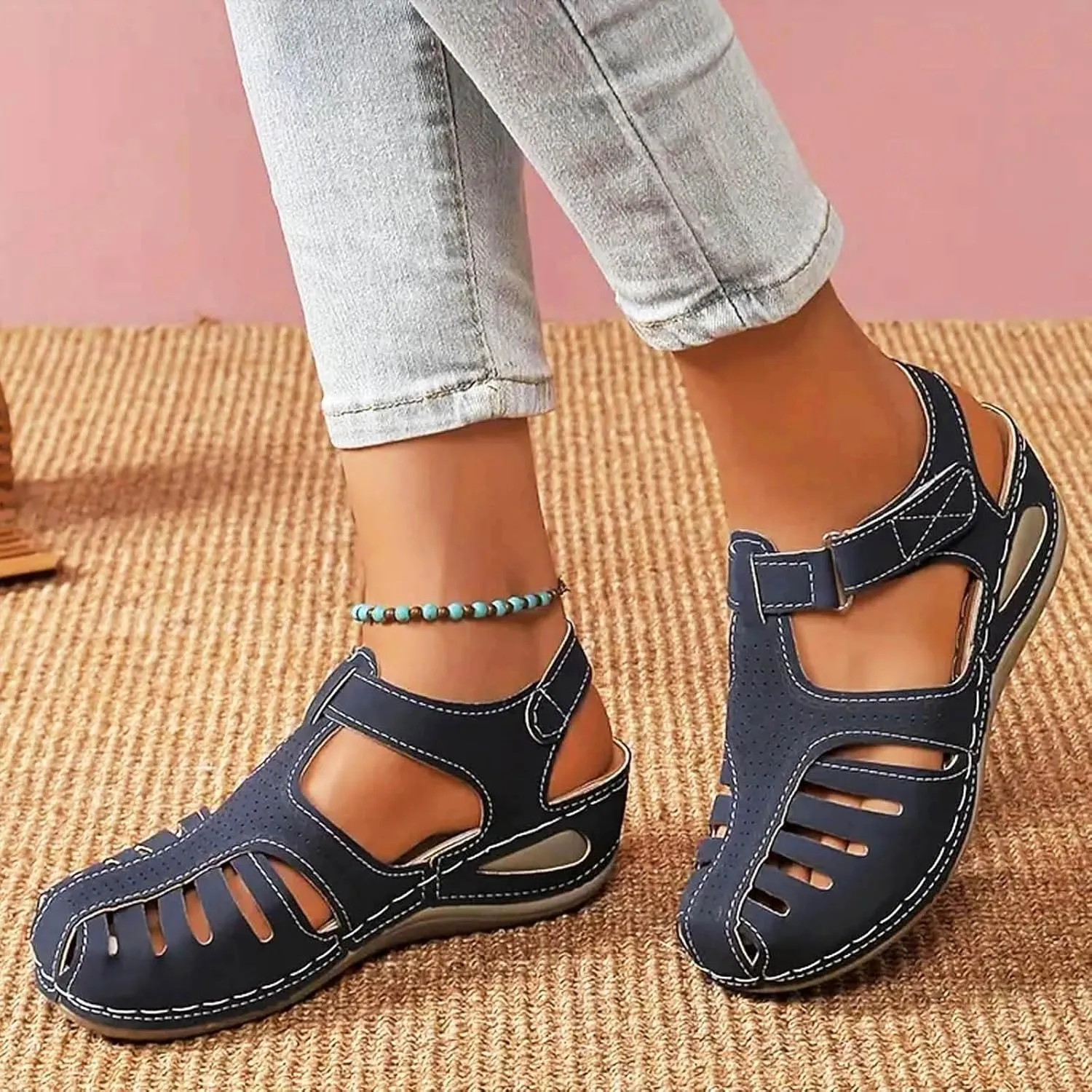 Closed Toe Wedge Sandals for Women Dressy Summer Comfortable Platform Wedges Ankle Strap Wide Width Walking Sandals Arch Support Casual Hollow Out Sandal Dress Shoes