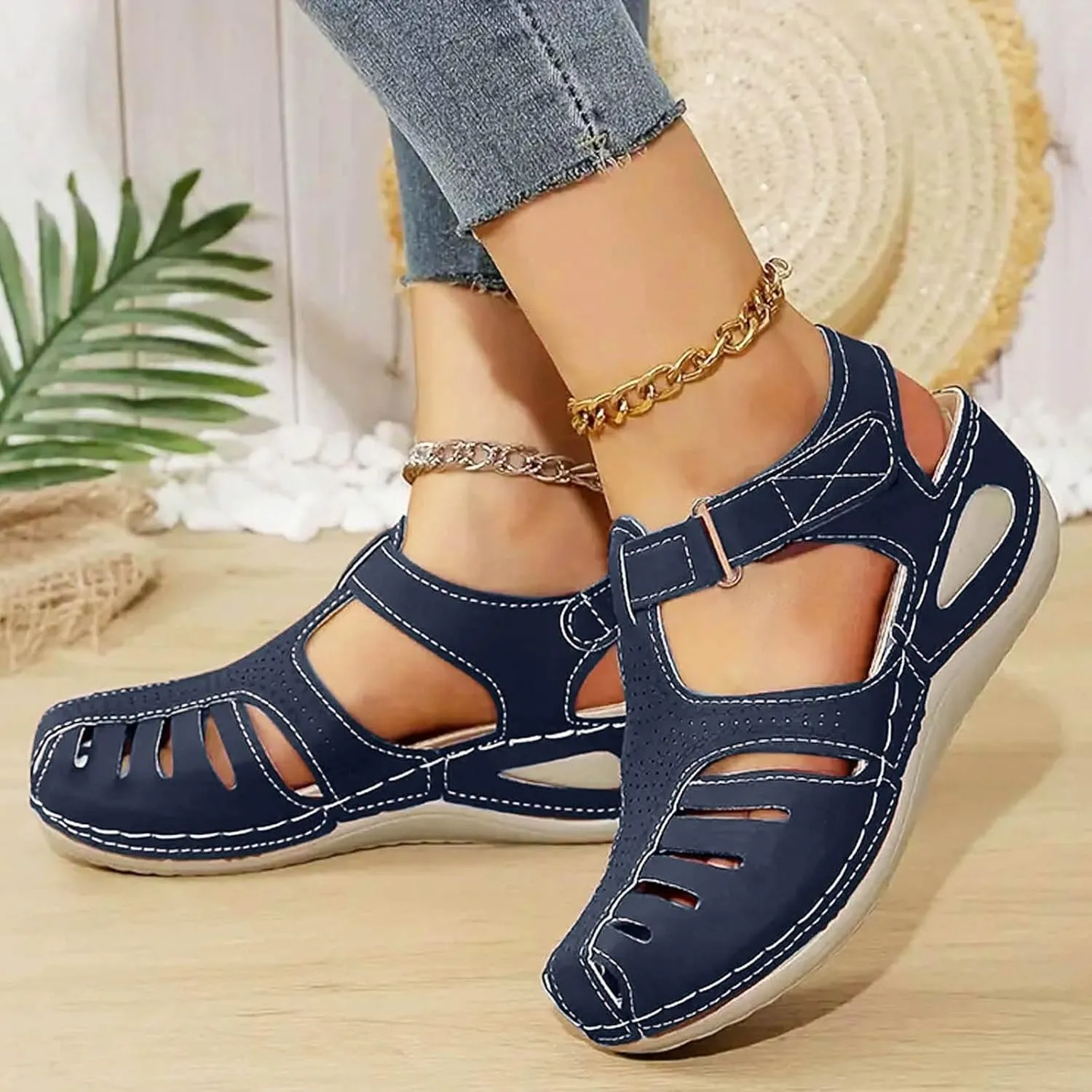 Closed Toe Wedge Sandals for Women Dressy Summer Comfortable Platform Wedges Ankle Strap Wide Width Walking Sandals Arch Support Casual Hollow Out Sandal Dress Shoes