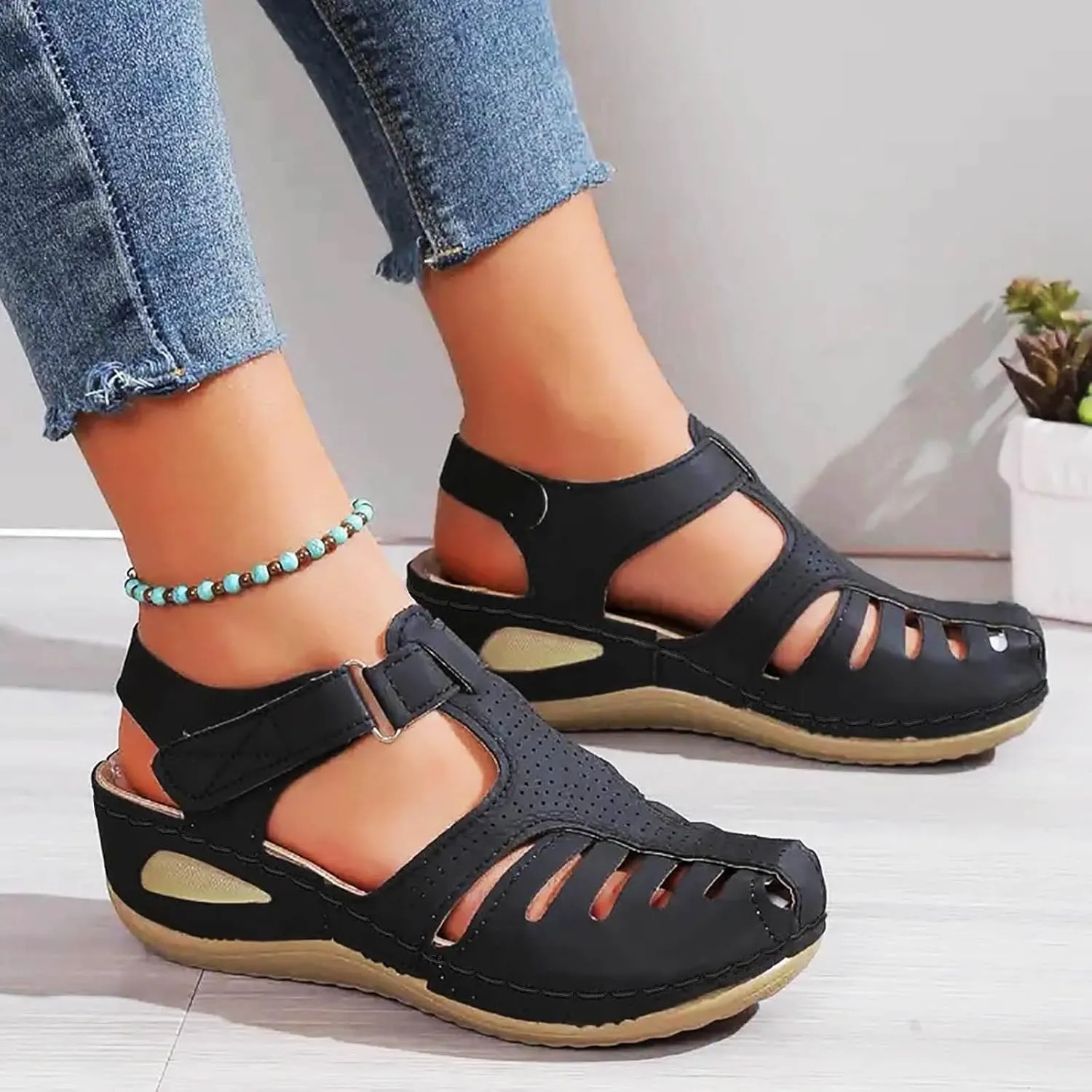 Closed Toe Wedge Sandals for Women Dressy Summer Comfortable Platform Wedges Ankle Strap Wide Width Walking Sandals Arch Support Casual Hollow Out Sandal Dress Shoes