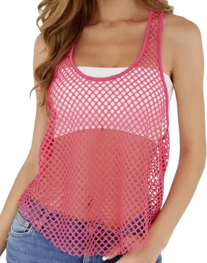 CLOZOZ Fishnet Tank Tops Mesh See Through Tops for Women Trendy Sheer Scoop Neck Sleeveless Going Out Tops