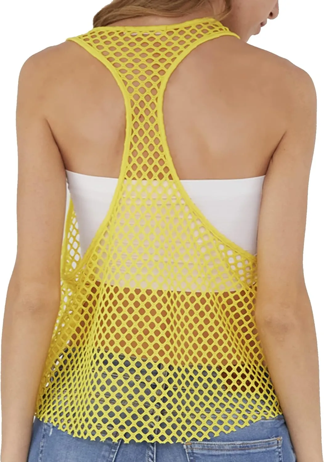 CLOZOZ Fishnet Tank Tops Mesh See Through Tops for Women Trendy Sheer Scoop Neck Sleeveless Going Out Tops
