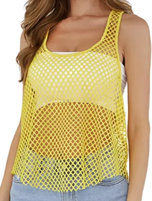 CLOZOZ Fishnet Tank Tops Mesh See Through Tops for Women Trendy Sheer Scoop Neck Sleeveless Going Out Tops