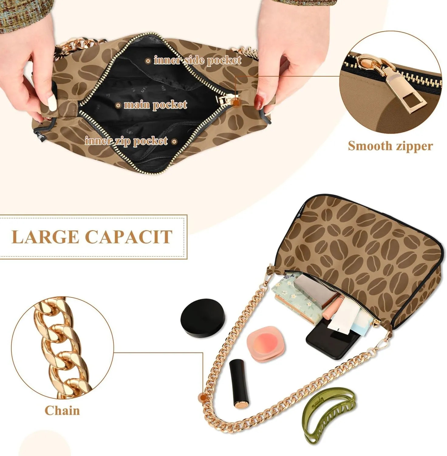 Coffee Beans Brown Evening Clutch Purse for Women Hobo Clutch Purse Chain One Shoulder Purse