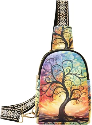 Colorful Tree Life Oil Painting Sling Bag for Women Fanny Packs for Women Small Leather Fanny Pack Crossbody Bags Fashion Waist Packs Chest Bag for Travel 21341446