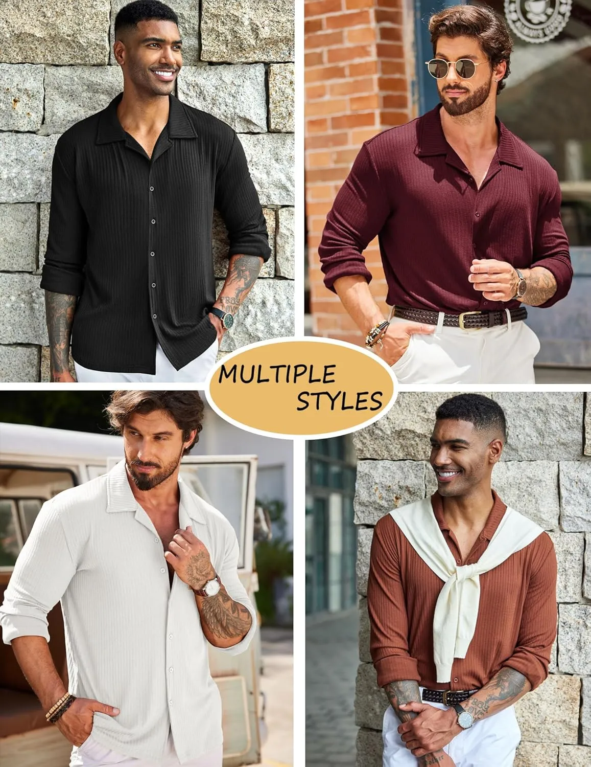 COOFANDY Men Long Sleeve Button Down Shirts Muscle Fit Dress Shirts Slim Fit Knit Shirts Camp Collar Shirts