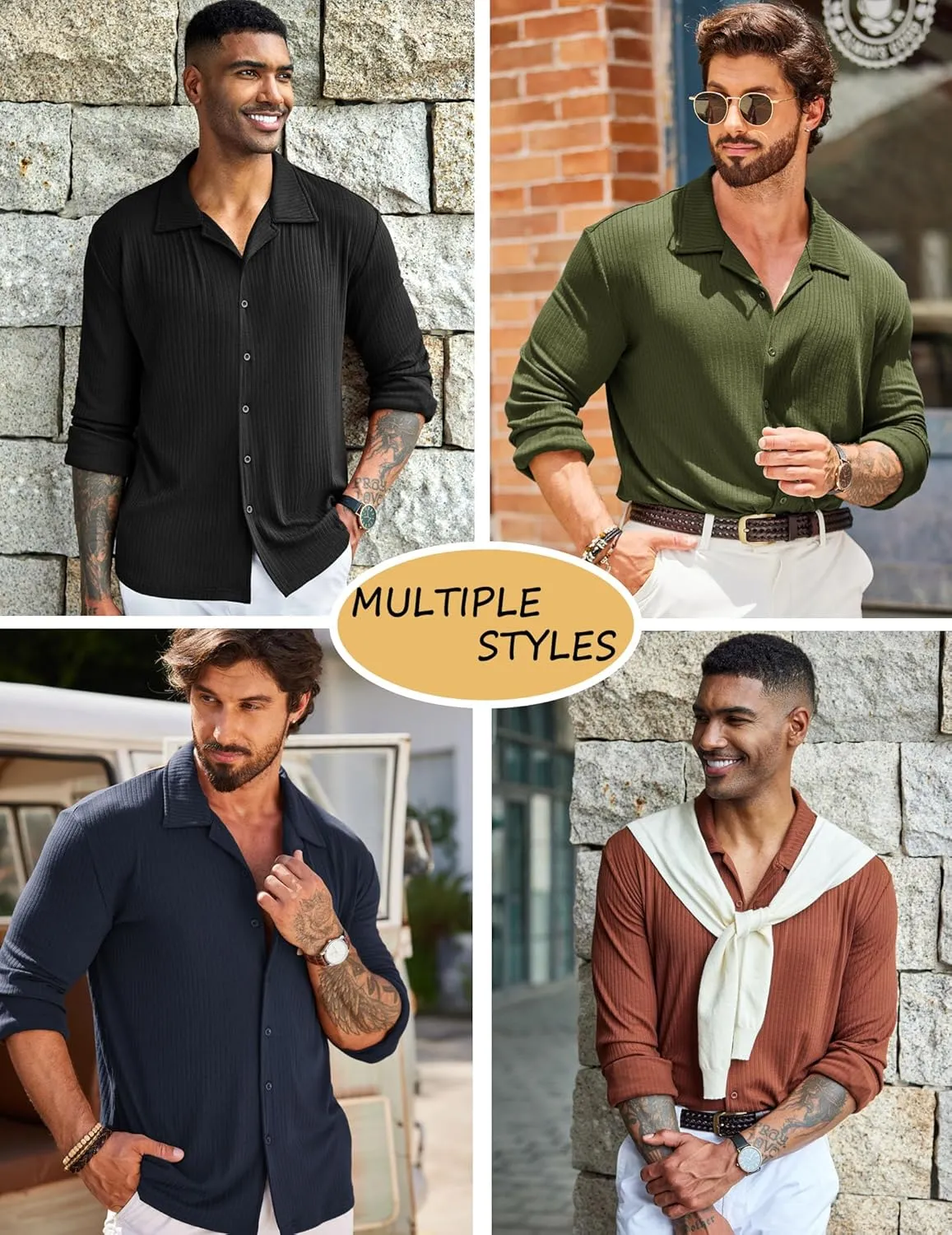 COOFANDY Men Long Sleeve Button Down Shirts Muscle Fit Dress Shirts Slim Fit Knit Shirts Camp Collar Shirts