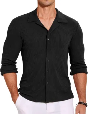 COOFANDY Men Long Sleeve Button Down Shirts Muscle Fit Dress Shirts Slim Fit Knit Shirts Camp Collar Shirts