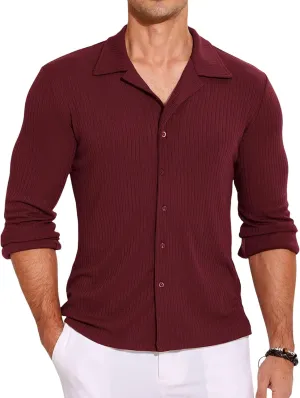 COOFANDY Men Long Sleeve Button Down Shirts Muscle Fit Dress Shirts Slim Fit Knit Shirts Camp Collar Shirts