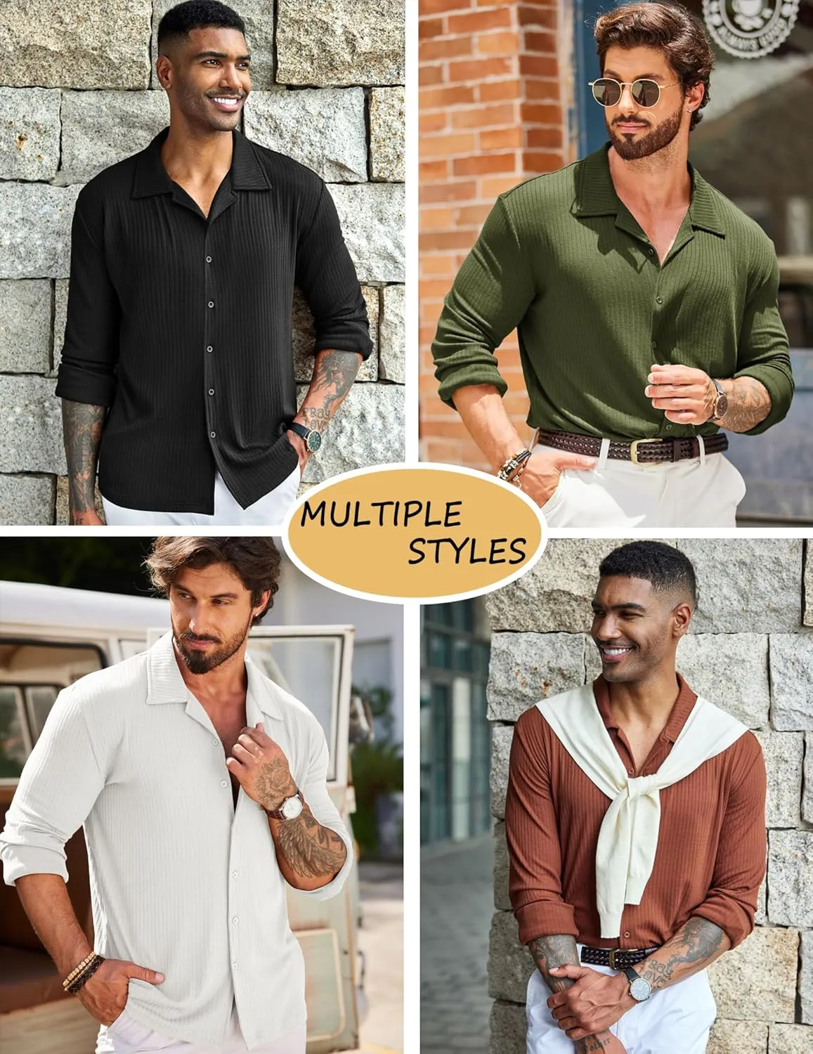 COOFANDY Men Long Sleeve Button Down Shirts Muscle Fit Dress Shirts Slim Fit Knit Shirts Camp Collar Shirts