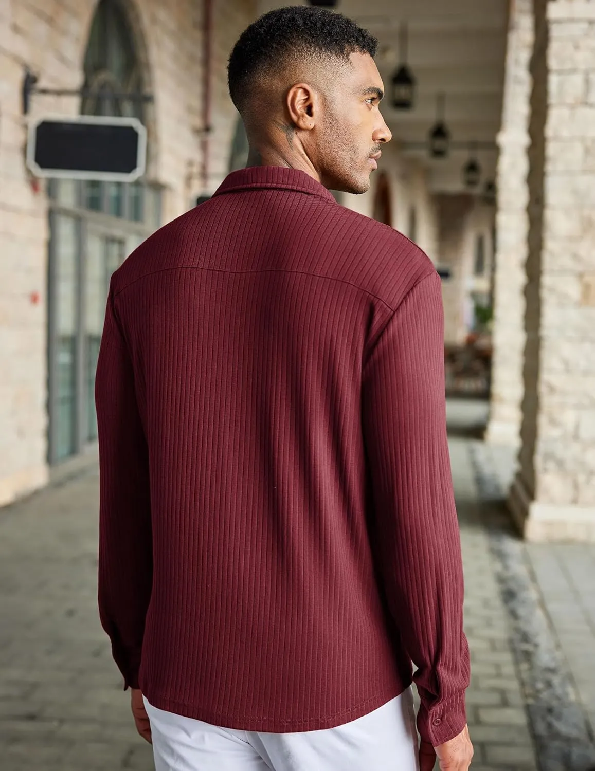 COOFANDY Men Long Sleeve Button Down Shirts Muscle Fit Dress Shirts Slim Fit Knit Shirts Camp Collar Shirts