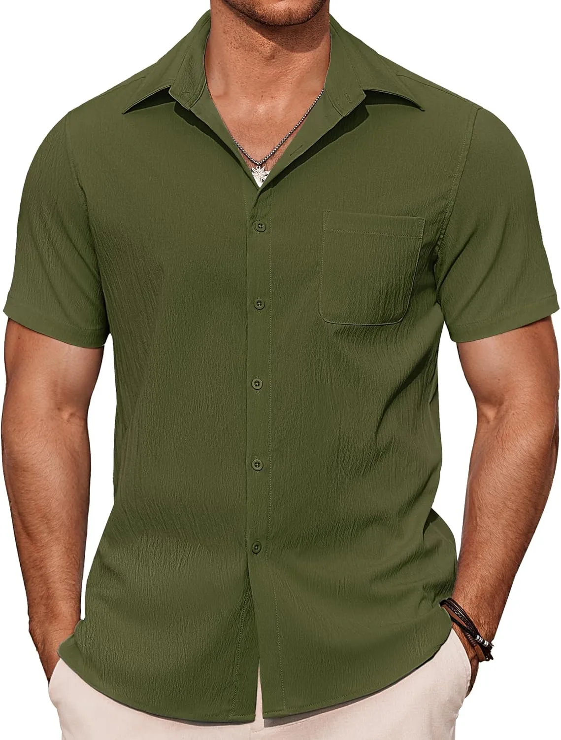 COOFANDY Mens Button Down Shirts Short Sleeve Casual Shirts Summer Beach Textured Vacation Shirts