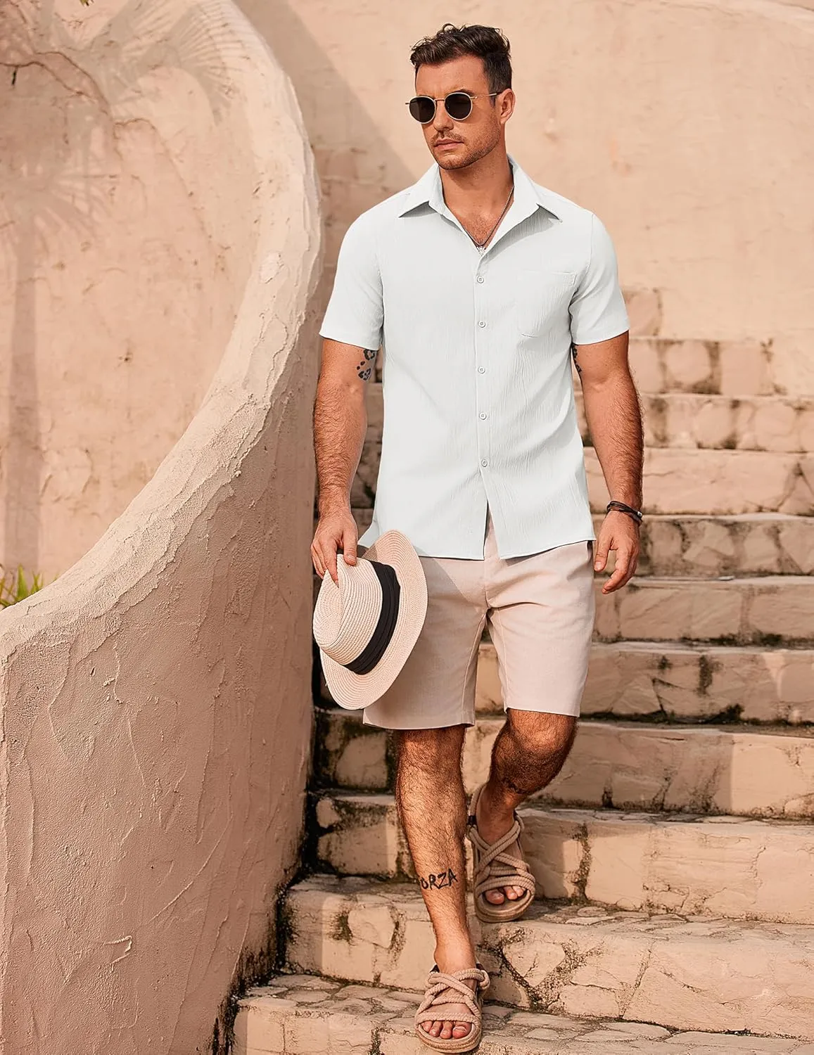 COOFANDY Mens Button Down Shirts Short Sleeve Casual Shirts Summer Beach Textured Vacation Shirts