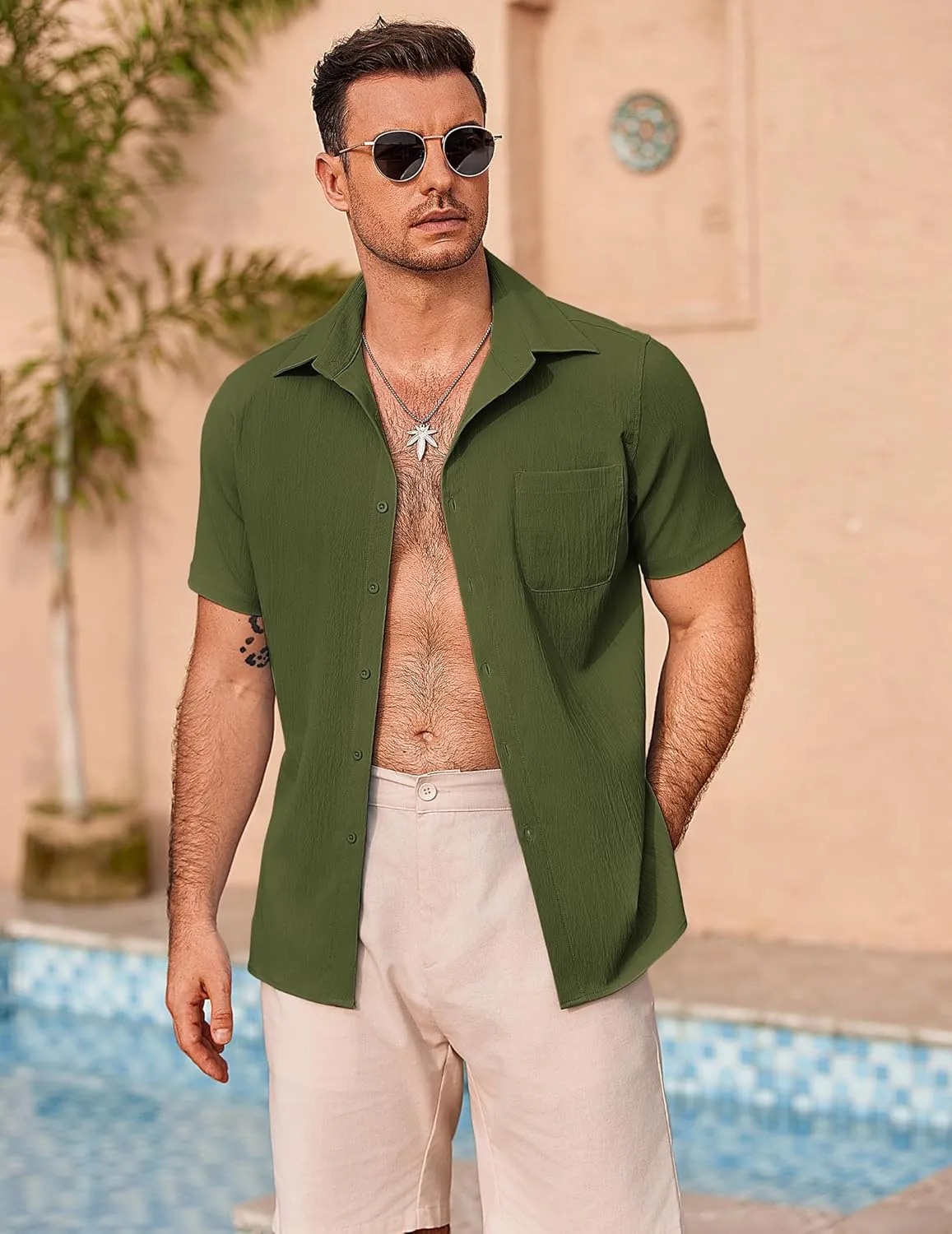 COOFANDY Mens Button Down Shirts Short Sleeve Casual Shirts Summer Beach Textured Vacation Shirts
