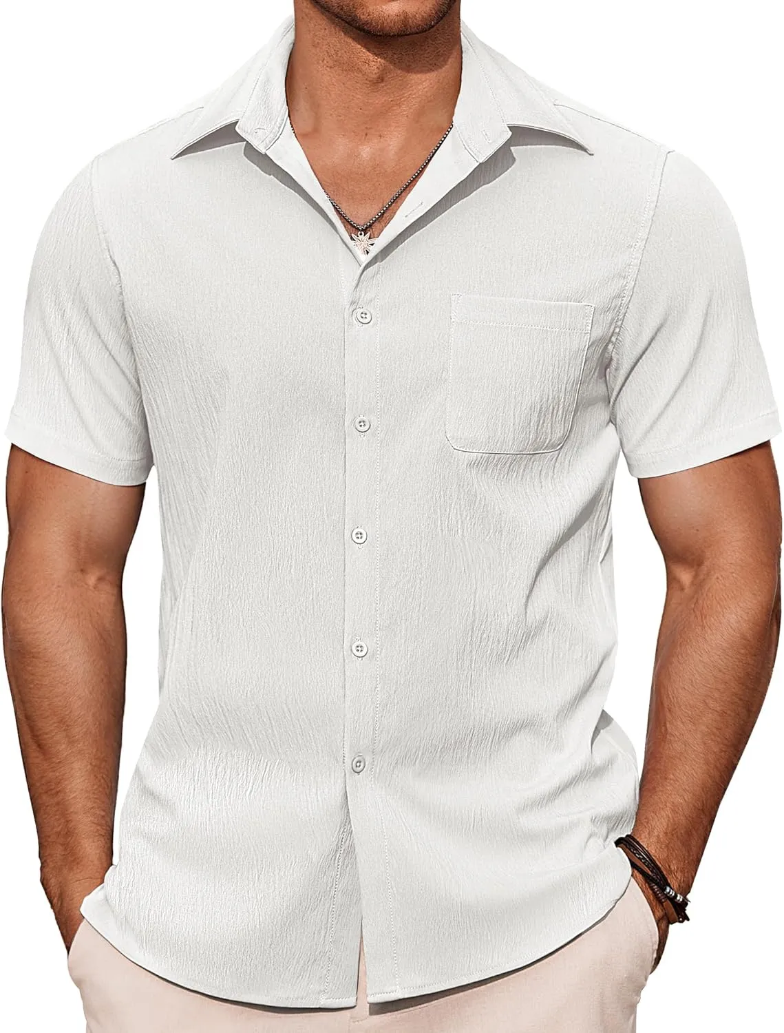 COOFANDY Mens Button Down Shirts Short Sleeve Casual Shirts Summer Beach Textured Vacation Shirts