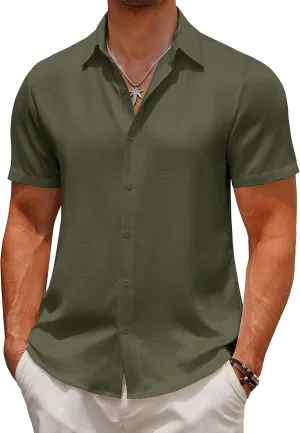 COOFANDY Men's Casual Linen Shirts Button Up Shirts Short Sleeve Shirts Beach Wedding Shirts Camp Regular Fit Shirts Olive Drab