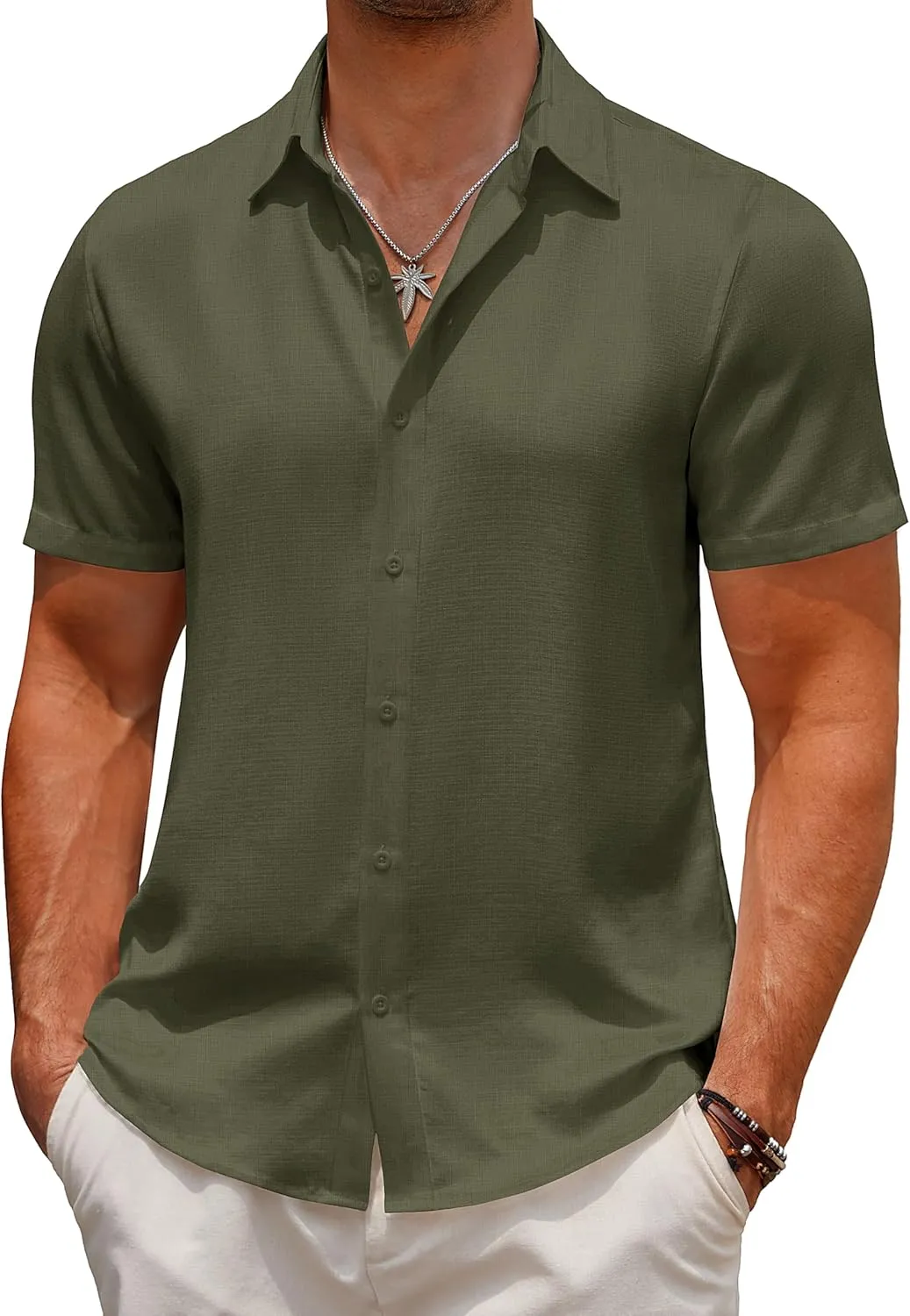 COOFANDY Men's Casual Linen Shirts Button Up Shirts Short Sleeve Shirts Beach Wedding Shirts Camp Regular Fit Shirts Olive Drab