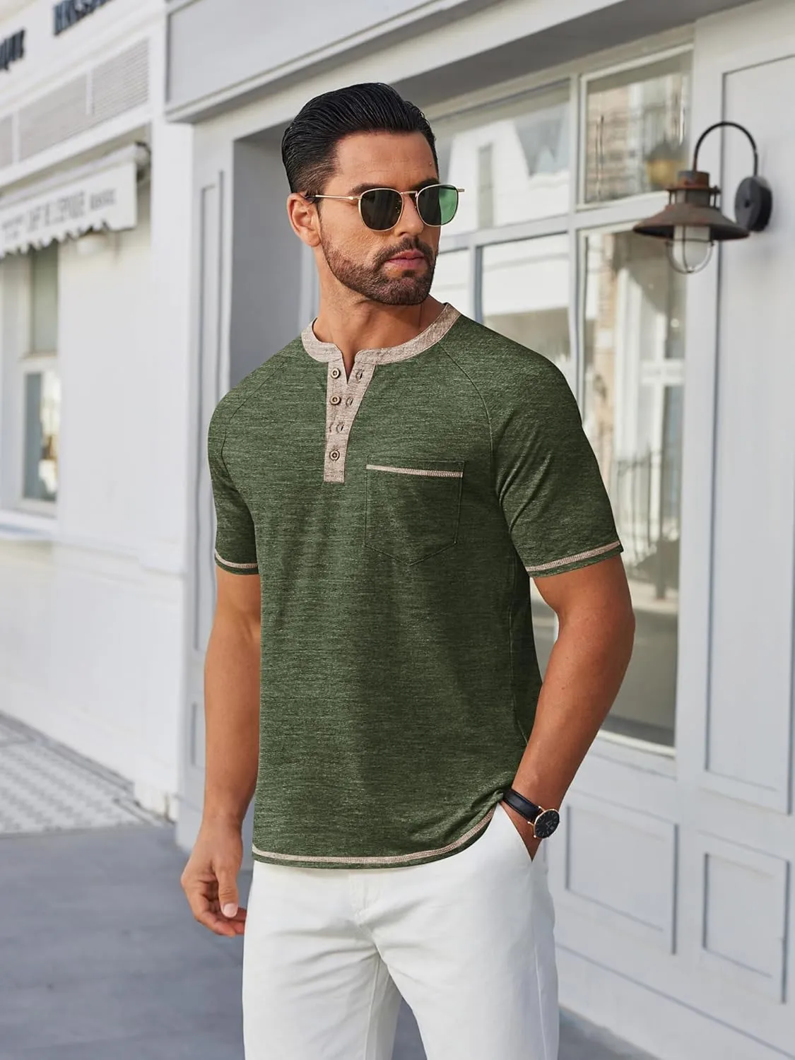 COOFANDY Mens Henley Shirts Short Sleeve Casual Button T-Shirts Basic Tee Shirts Summer Vintage T Shirts with Pocket