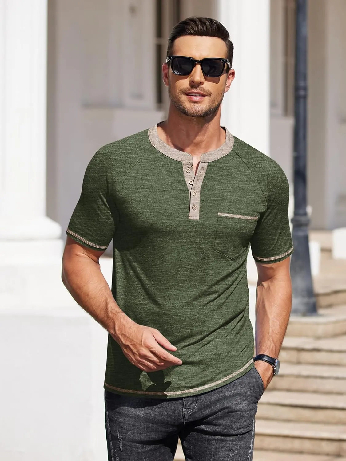 COOFANDY Mens Henley Shirts Short Sleeve Casual Button T-Shirts Basic Tee Shirts Summer Vintage T Shirts with Pocket