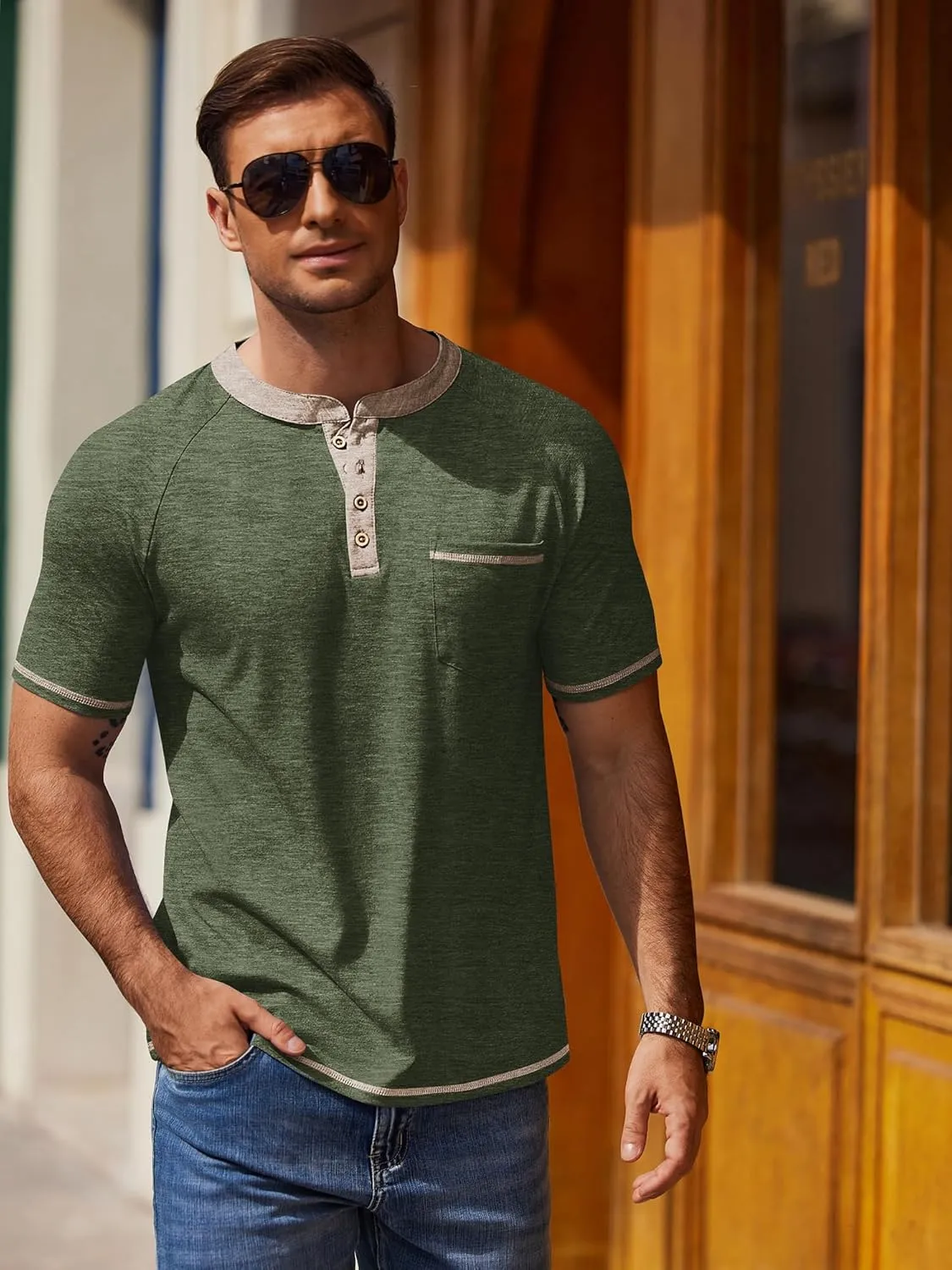 COOFANDY Mens Henley Shirts Short Sleeve Casual Button T-Shirts Basic Tee Shirts Summer Vintage T Shirts with Pocket